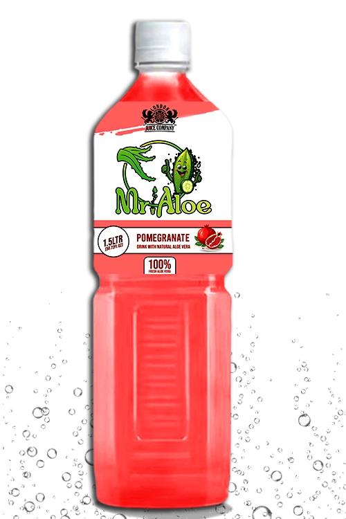 Mr. Aloe Pomegranate flavor in a bold 1.5-liter bottle, made with natural aloe vera.